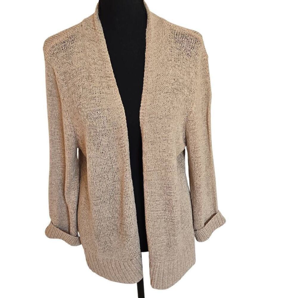Pointelle Womens Open Front Fine Knit Lightweight Cardigan Sweater Tan Sz Large